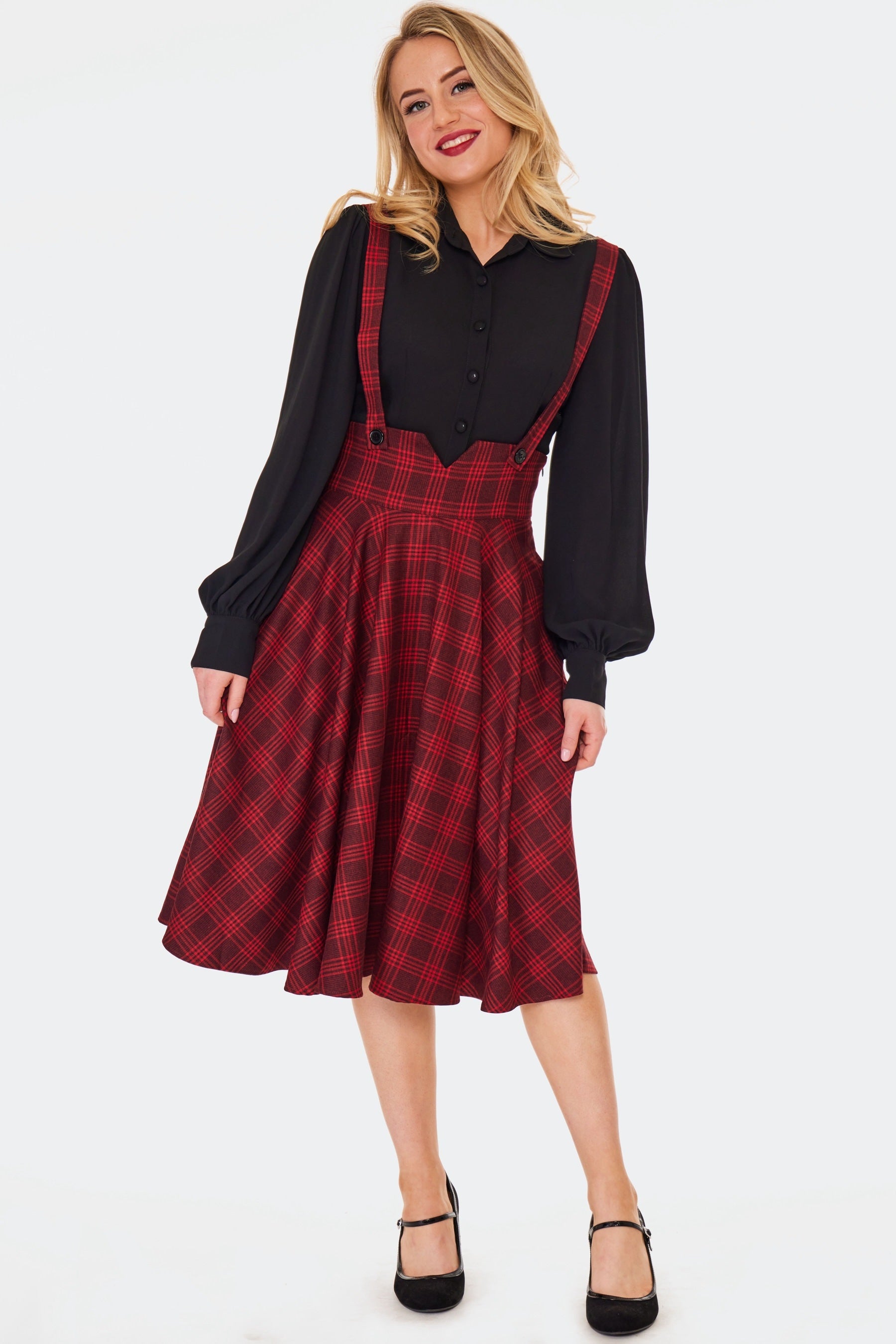 Check High Waist Suspender Skirt With Pockets