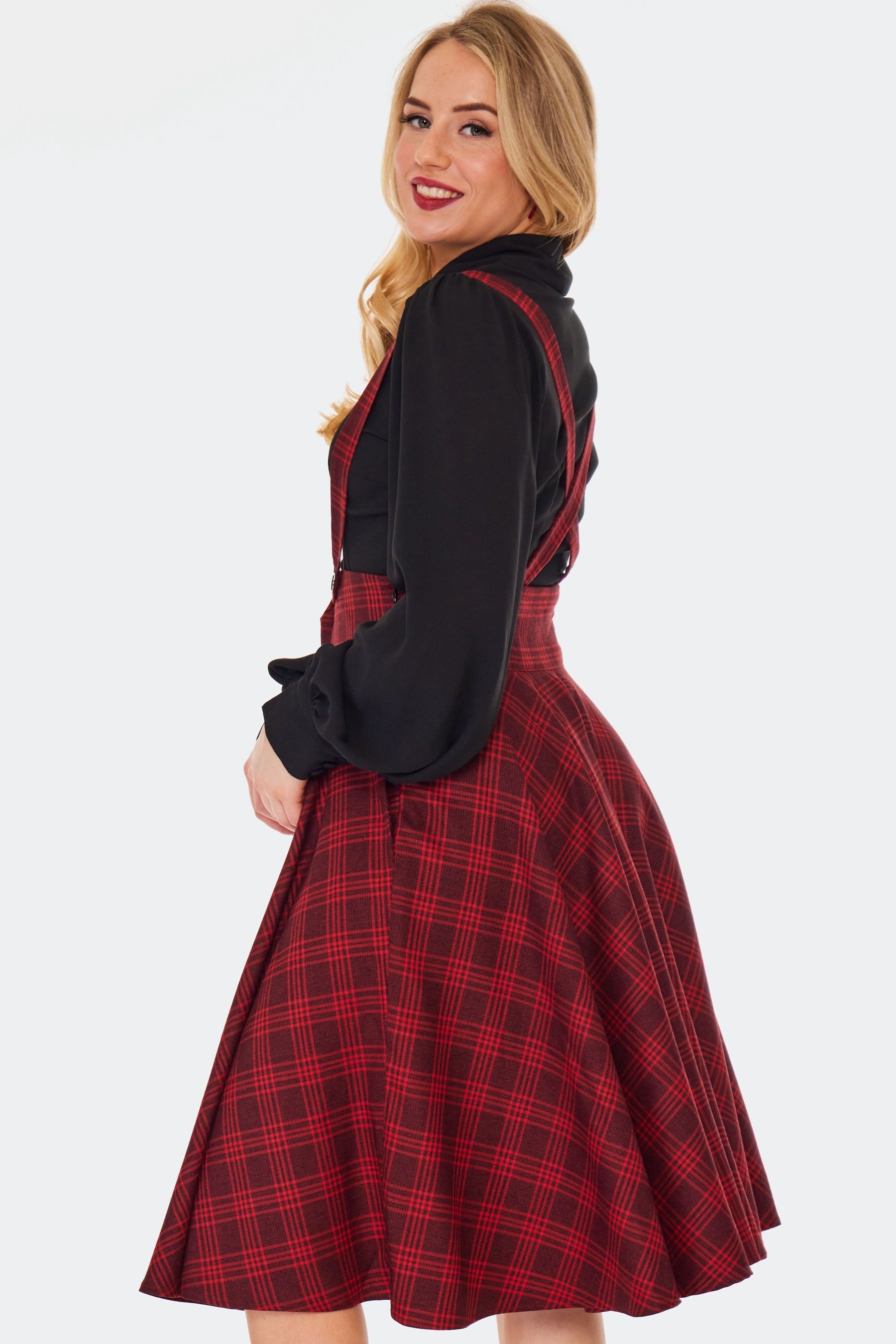 Check High Waist Suspender Skirt With Pockets